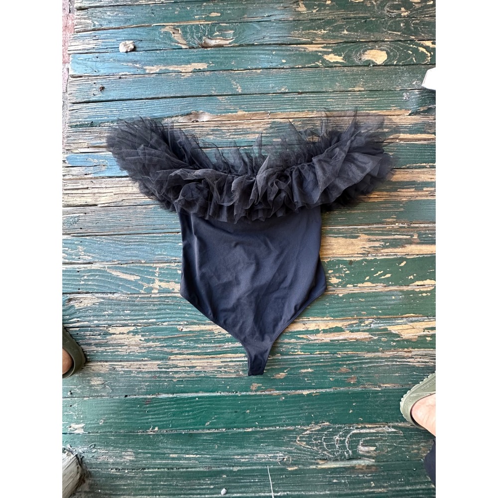 Intimately Free People Black Tulle Ruffle Off Shoulder Bodysuit M A3316
